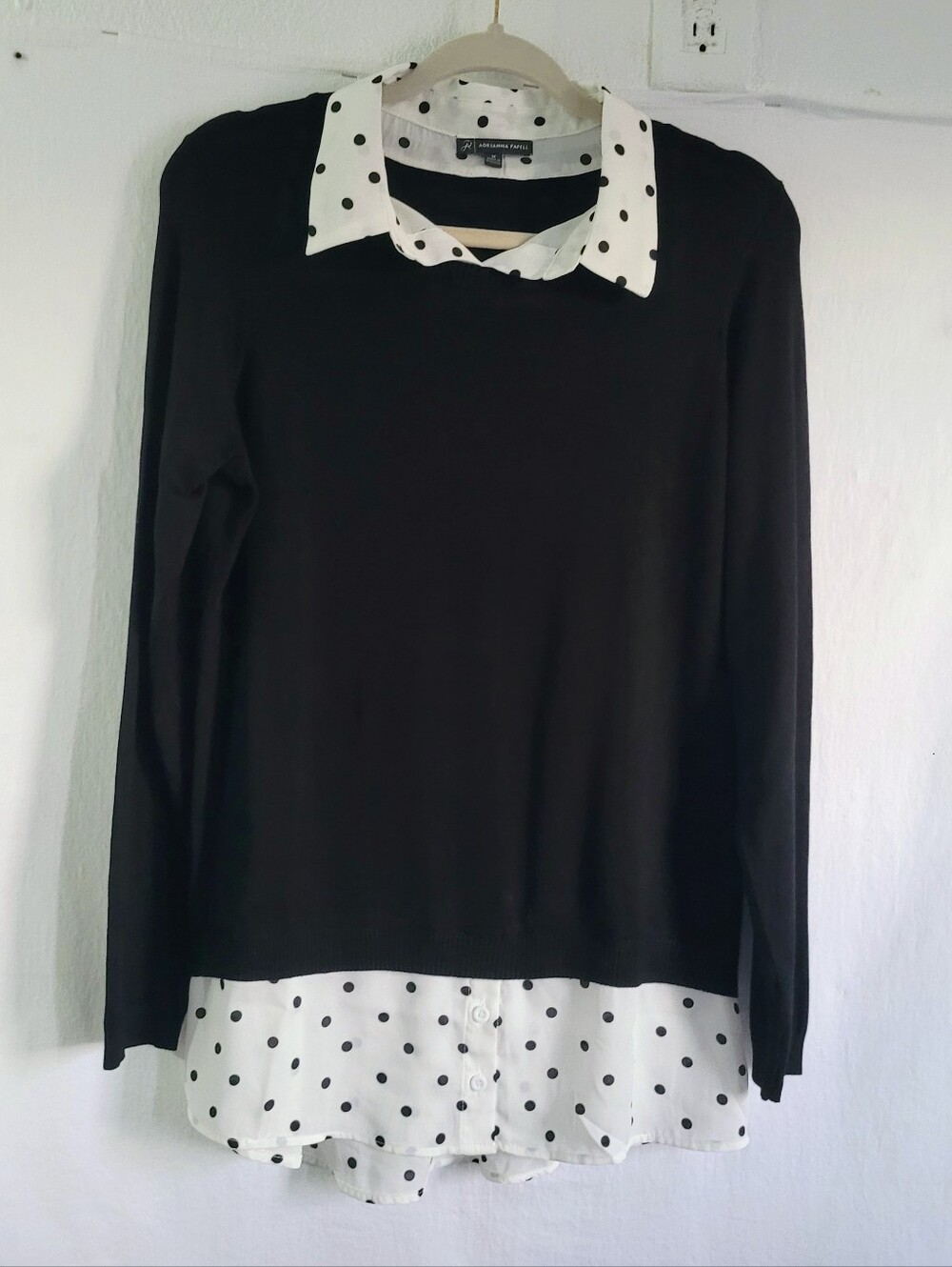 Adrianna Papell Black Crewneck Sweater with White Polka Dot Shirt Detail